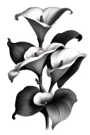 calla lily flower in black and white minimalist on the stem 3 different heart shape 3D tattoo design idea