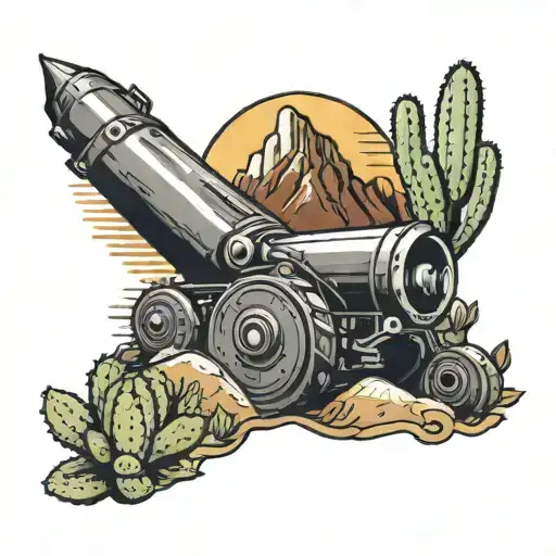 cannon, cactus, sun, mountain tattoo design idea