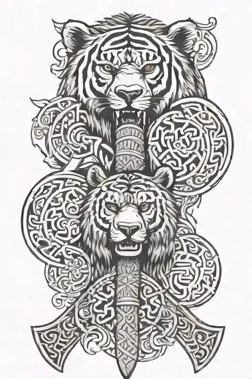 two Viking axes with a pattern on the handle, one depicts a bear and the other a tiger tattoo design idea