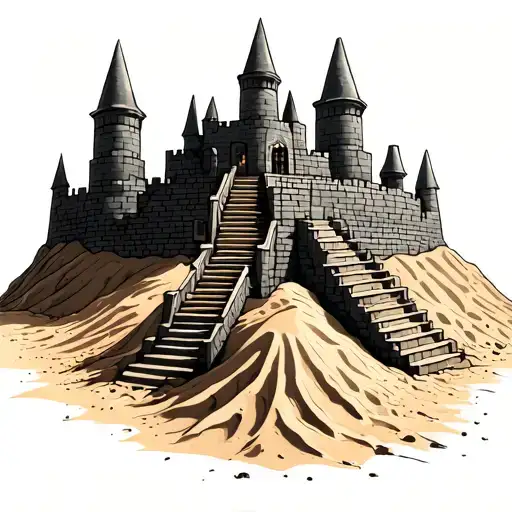 sand castle on pile of sand with stairs leading to it tattoo design idea