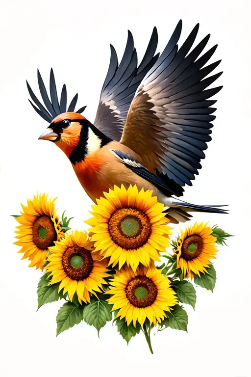 goldfinch bird with wing spread, Utrecht, Lionshead angry, sunflowers tattoo design idea