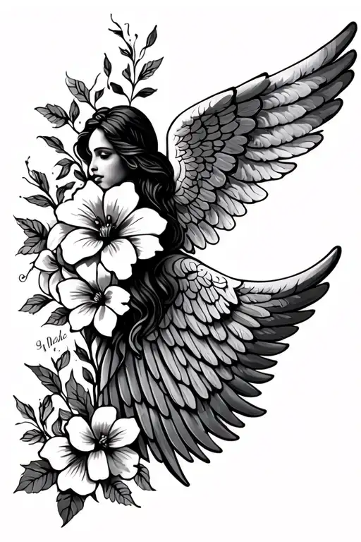 angel wing, flowers, memorial for mom tattoo tattoo design idea