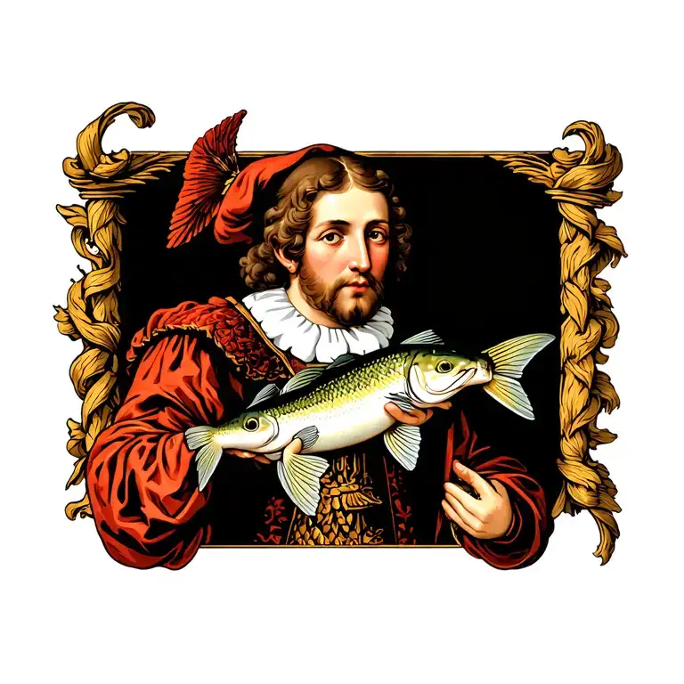 Sint Amelberga van Temse depicted holding a sturgeon,full face,no text  tattoo design idea