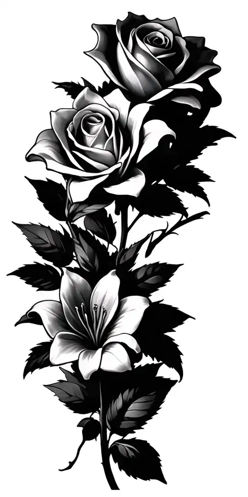 rose and lily flowers tattoo design idea