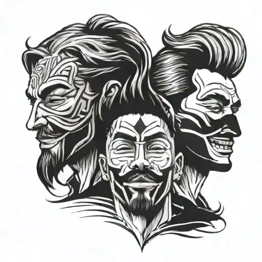 a male face with no distinct features hidden beneath two masks - one happy and one sad tattoo design idea