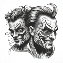 a male face with no distinct features hidden beneath two masks - one happy and one sad tattoo design idea