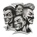 a male face with no distinct features hidden beneath two masks - one happy and one sad tattoo design idea