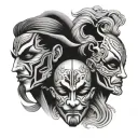 a male face with no distinct features hidden beneath two masks - one happy and one sad tattoo design idea