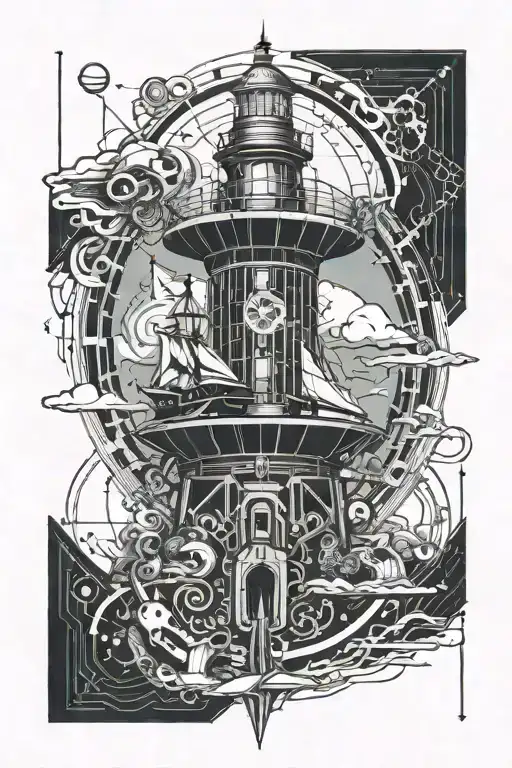ocean, galleon, lighthouse, water and siren tattoo design idea