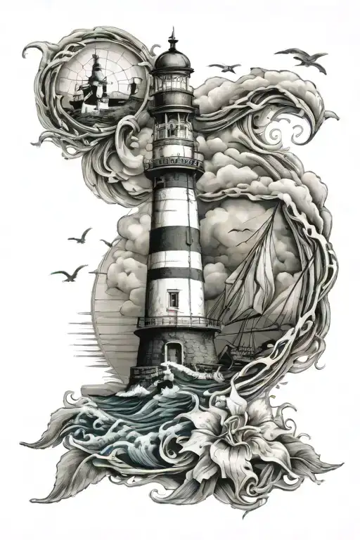 ocean theme, boat, lighthouse, water and siren tattoo design idea
