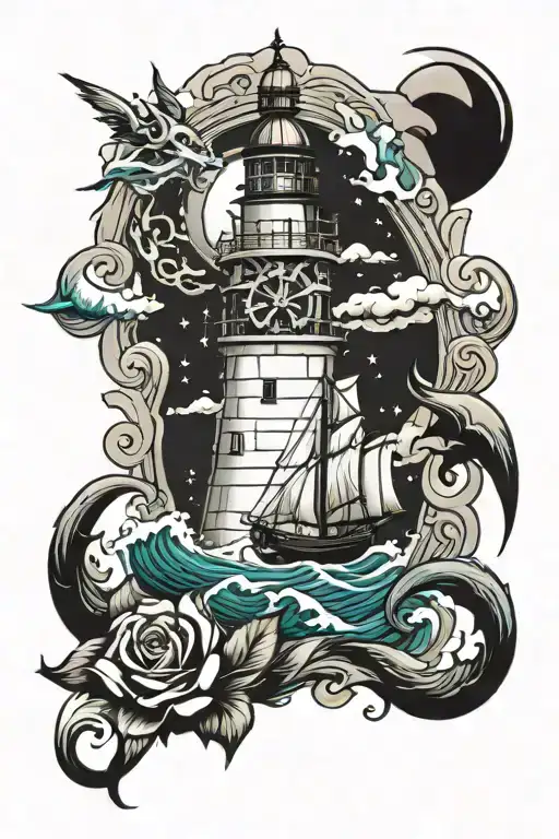 ocean, galleon, lighthouse, water and siren tattoo design idea