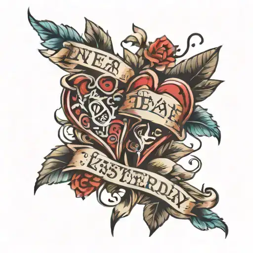 words yesterday and two hearts tattoo design idea