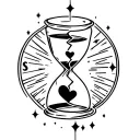 Broken Hourglass with hearts istead of sand falling with unique astrological elements tattoo design idea