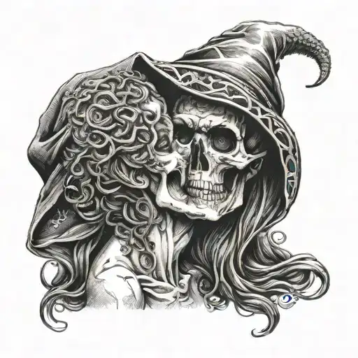 hooded skull reaper holding beautiful medusa woman by her chin and almost kissing her. both facing each other  tattoo design idea