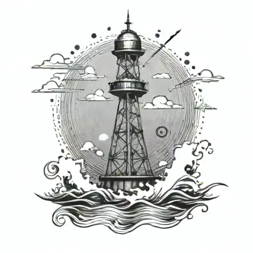 An intricate design of a radio tower surrounded by waves for a marine radio operator tattoo design idea