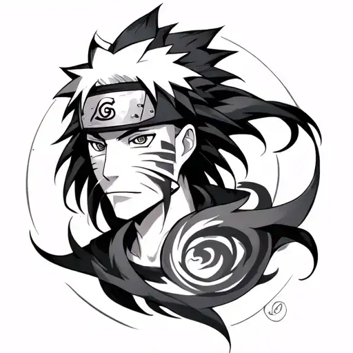 A black and grey tattoo featuring a mystical and dark interpretation of the Curse Mark from Naruto, flowing from the neck to the arm tattoo design idea