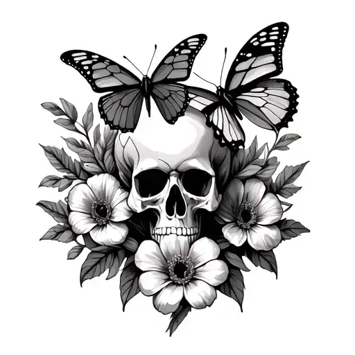 Flowers with butterflies and skulls representing dark periods tattoo design idea