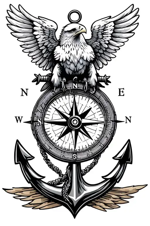 Compact Eagle wings tucked (Above the Compass), Compass (Centerpiece), Anchor (completely Below the Compass) tattoo design idea
