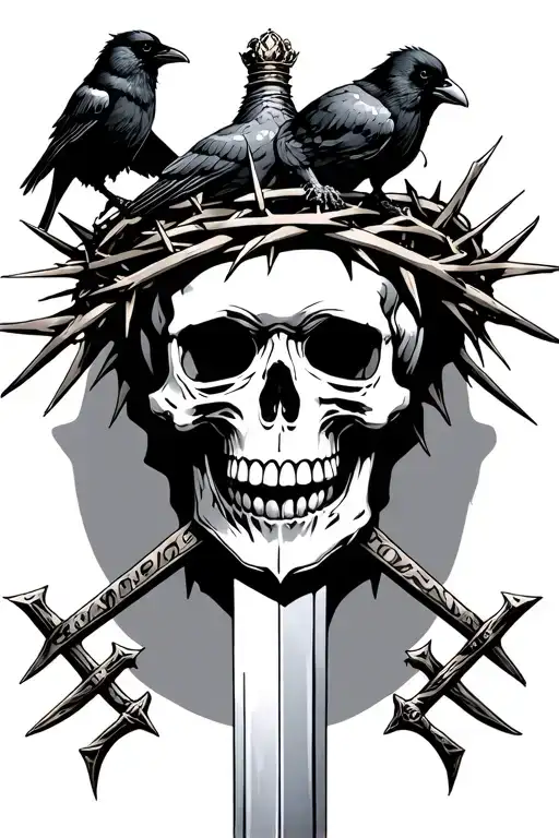 skull wearing a crown of thorns with a sword going through the skull with a crow on top of the sword  tattoo design idea