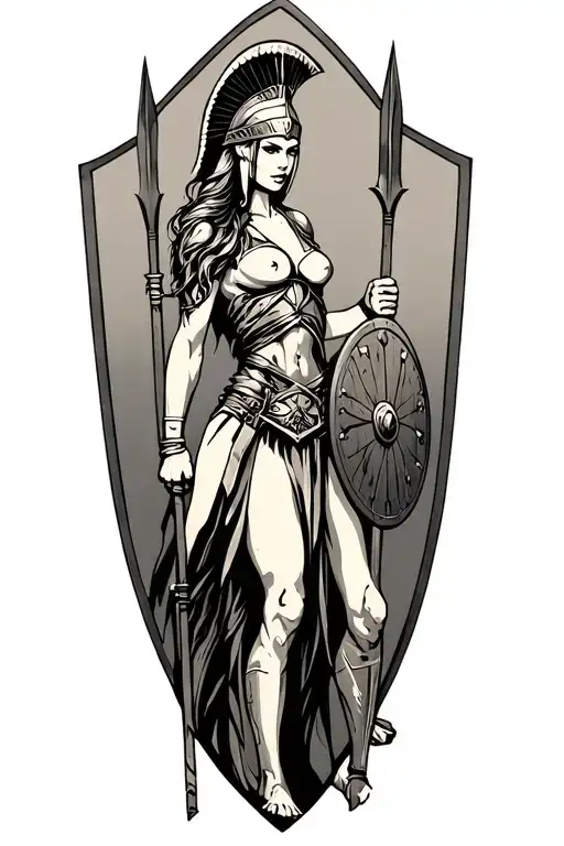 ares as a female spartan with spear and shield adorned tattoo design idea