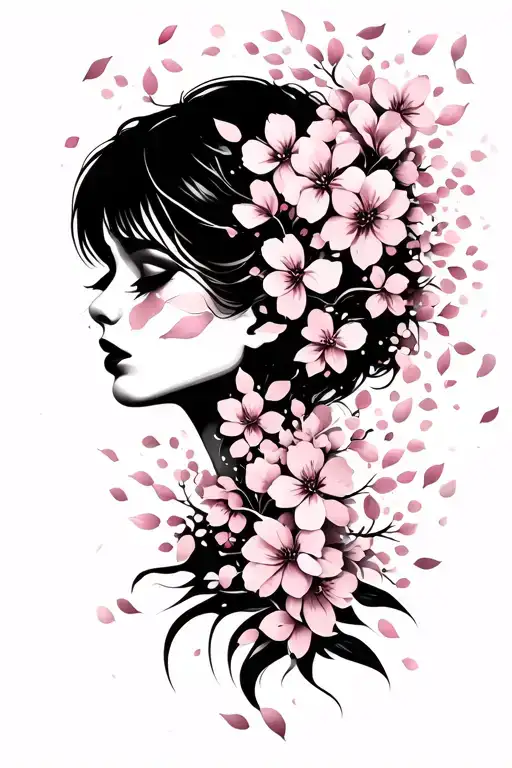 sexy female face covered in blossom petals falling tattoo design idea