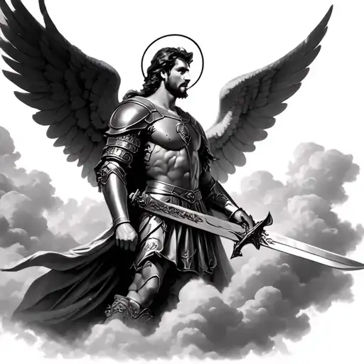 side view of Archangel Michael this is very masculine in the clouds with a Halo Spanish Knights armor and a sword tattoo design idea