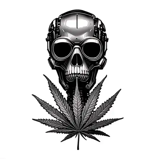 composition black skull robot with a gas mask, in the background a leaf of marijuana in black and white color tattoo design idea