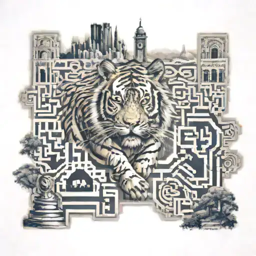 A tiger walking through a maze of world landmarks, reflecting the client's passion for travel and exploration tattoo design idea