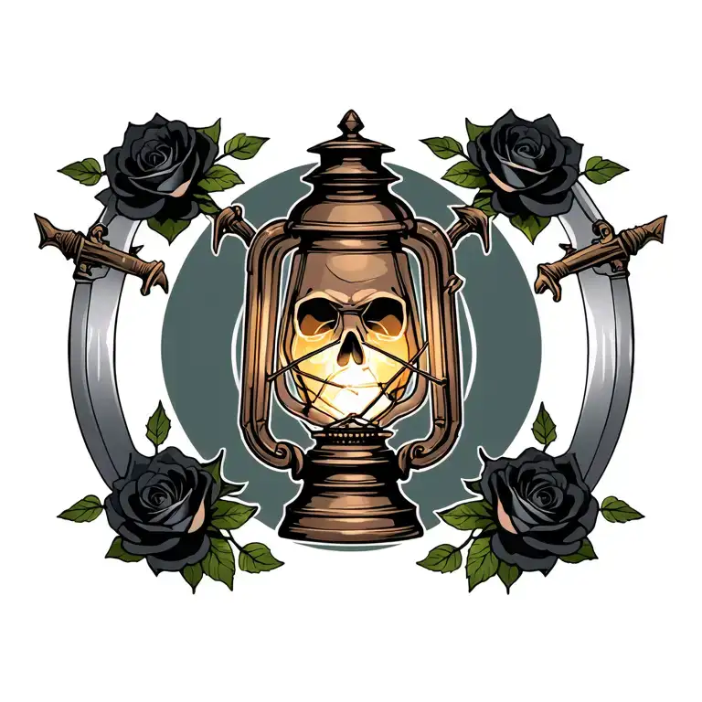 neotradional vintage lantern in center of chest and daggers through skull on sides with black roses tattoo design idea