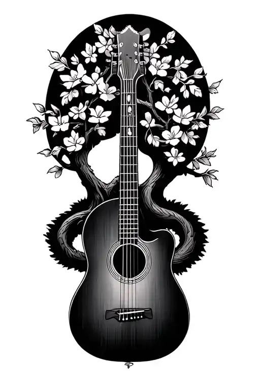 pooh bear guitar trees blossoms tattoo design idea
