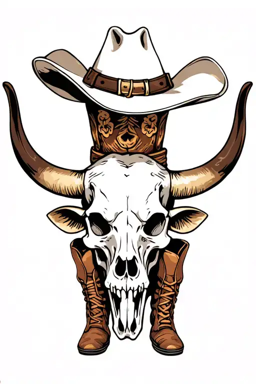 skull with a cowboy hat with a longhorn cow skull and cowboy boots  tattoo design idea