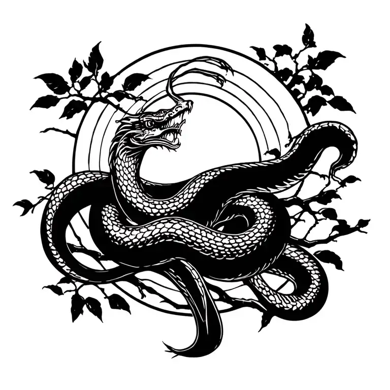 Chinees Sign of the snake, in combination with a real snake, on a tree with a rising sun, at a scropion tattoo design idea