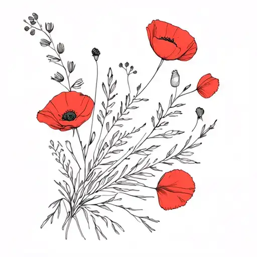 Poppy, lark foot and cosmo bouquet tattoo design idea