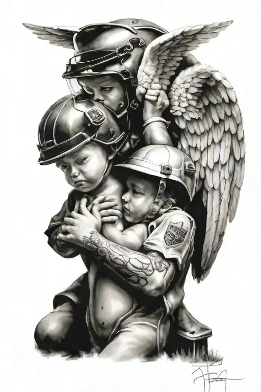 angel putting helmet on a child holding hands tattoo design idea
