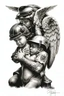 angel putting helmet on a child holding hands tattoo design idea