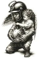 angel putting helmet on a child holding hands tattoo design idea