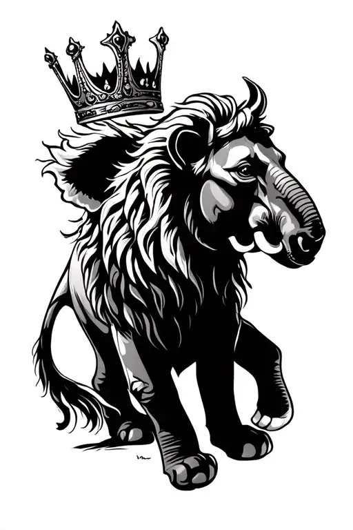 lion wearing crown, elephant, horse tattoo design idea