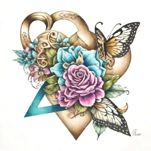 colorful infinity symbol with adoption triangle inside of a blooming heart & names Lynnette & Syrena & date of 2/12/18 tattoo design idea