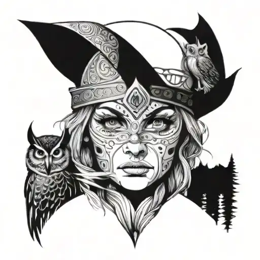 viking woman face with owls in a mountain forest tattoo design idea