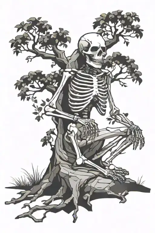 skeleton sat under a tree in a low poly style tattoo design idea