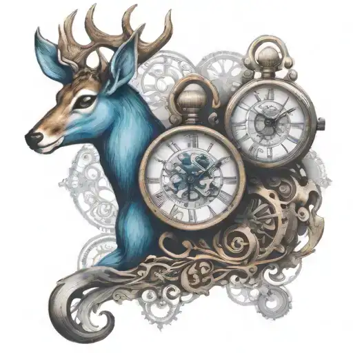Steampunk deer watches blue black copper grey tattoo design idea