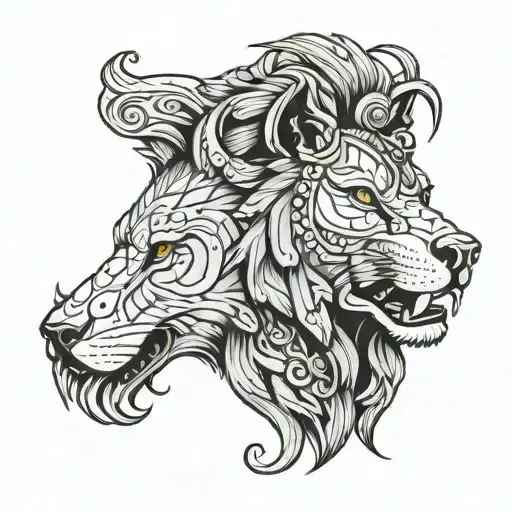 frontal view with three points, left half lion, right half wolf wearing indian head piece  tattoo design idea