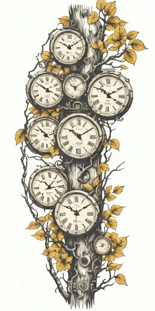 birch tree branches with three clocks integrated into it for an arm sleeve tattoo design idea