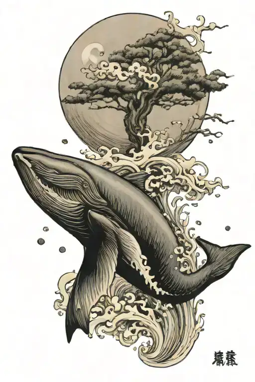 Humpback whale flying by moon tattoo design idea