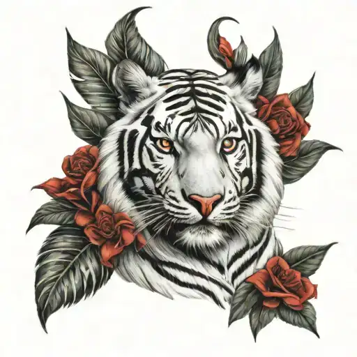White tiger with red flowers  tattoo design idea