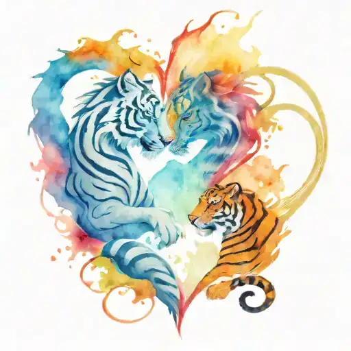 The dragon and the tiger look at each other and form a heart. tattoo design idea