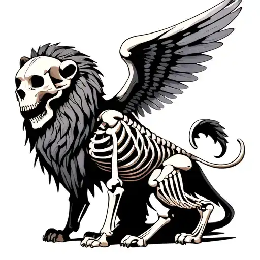 “Character design of a fantastical humanoid lion skeleton with a bony lion skull head, large skeletal wings, wearing Nik tattoo design idea