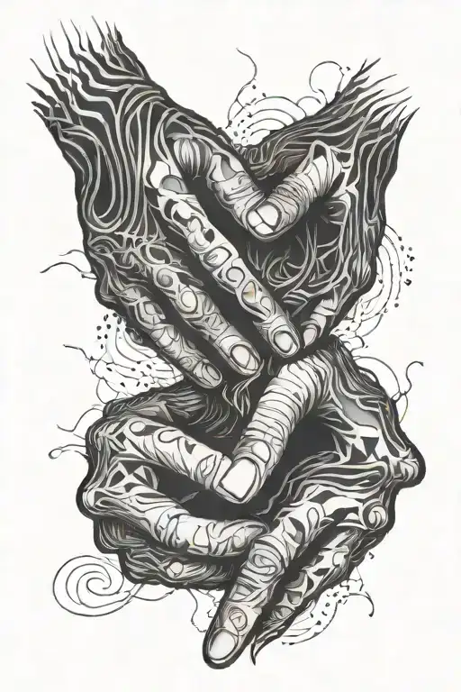 Smoke, hands facing each other, wavy sharp lines going tattoo design idea