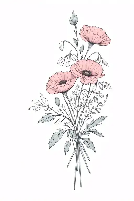 a minimalistic birth fower boquet with carnations and snowdrops, gladiolus and poppy, chrysanthemum, holly and narcissus tattoo design idea