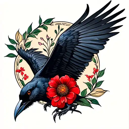 Crow flying with a red Flower  tattoo design idea